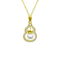 Pearl Gourd Round Moissanite Necklace with CZ in Gold-Plated S925 sterling silver white background product photo showing gourd pendant with a round moissanite, near-round pearl and CZ outline
