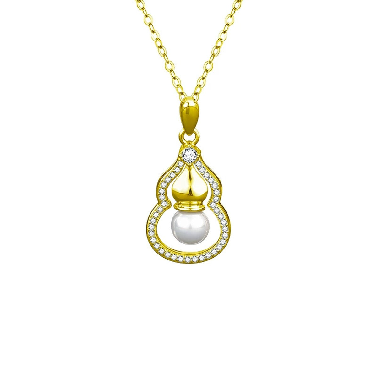 Pearl Gourd Round Moissanite Necklace with CZ in Gold-Plated S925 sterling silver white background product photo showing gourd pendant with a round moissanite, near-round pearl and CZ outline