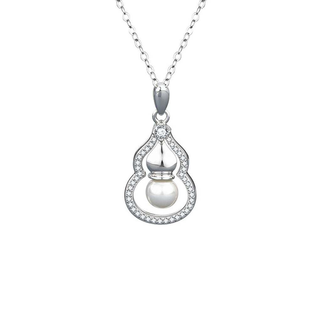 Pearl Gourd Round Moissanite Necklace with CZ in Gold-Plated S925 sterling silver white background product photo showing gourd pendant with a round moissanite, near-round pearl and CZ outline