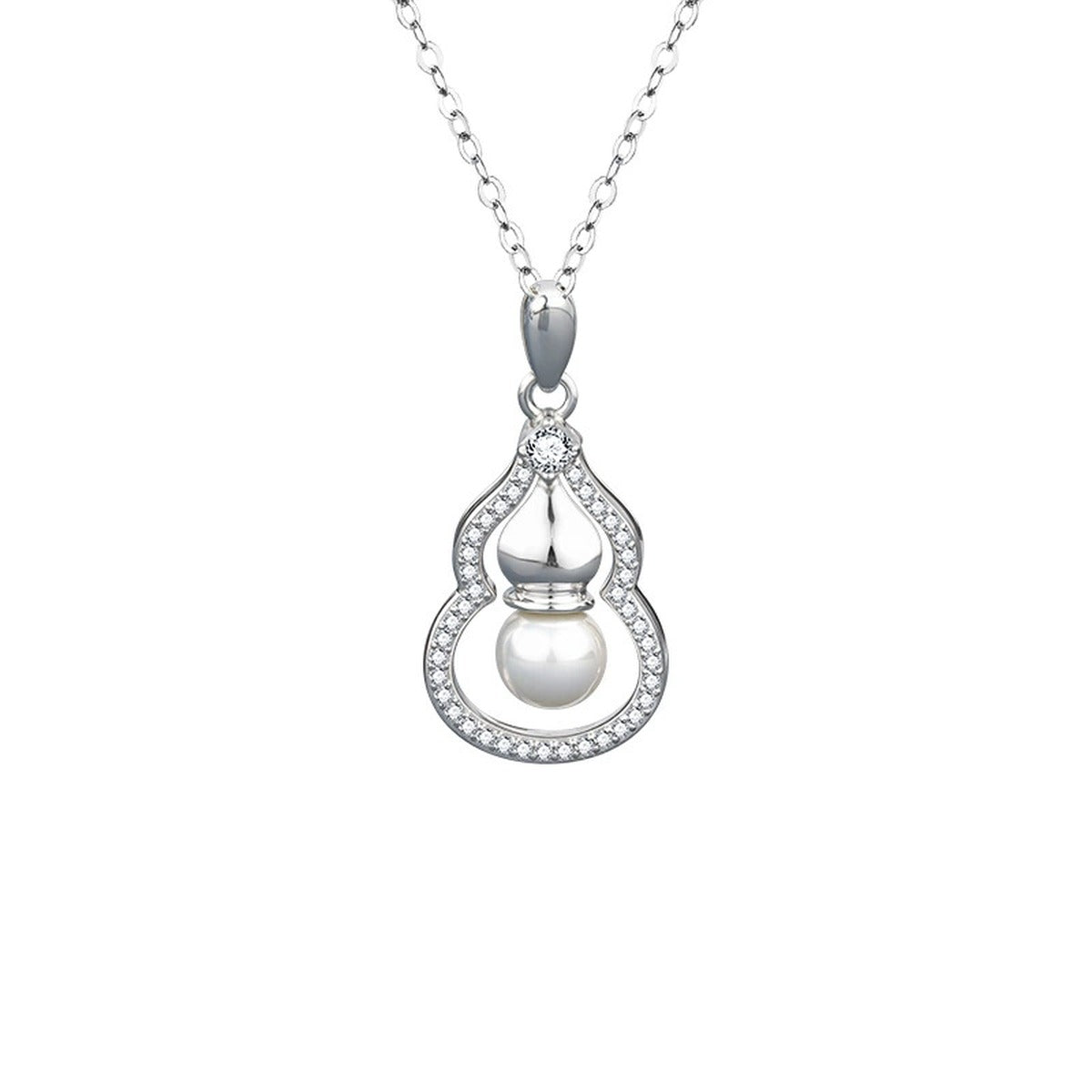 Pearl Gourd Round Moissanite Necklace with CZ in Gold-Plated S925 sterling silver white background product photo showing gourd pendant with a round moissanite, near-round pearl and CZ outline