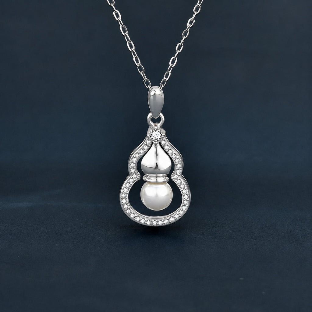 Pearl Gourd Round Moissanite Necklace with CZ in Gold-Plated S925 sterling silver dark display product view showing pendant and chain