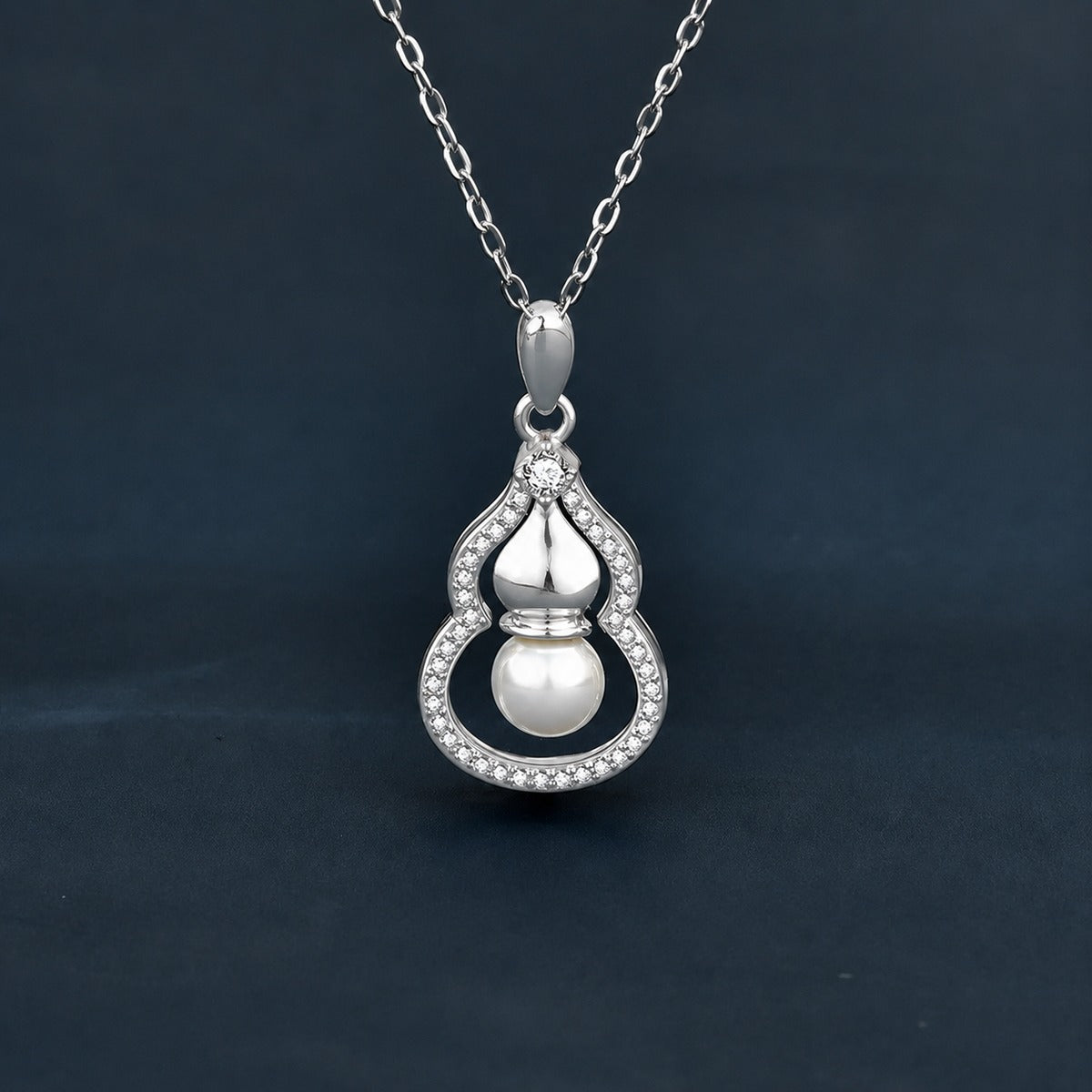 Pearl Gourd Round Moissanite Necklace with CZ in Gold-Plated S925 sterling silver dark display product view showing pendant and chain