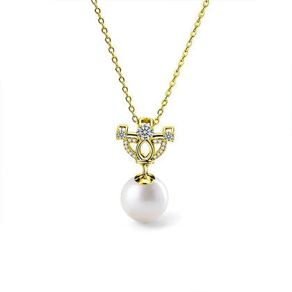 Crown Moissanite and Pearl Necklace with CZ in Gold-Plated S925 sterling silver white background front product view showing a crown-inspired setting above a near-round pearl