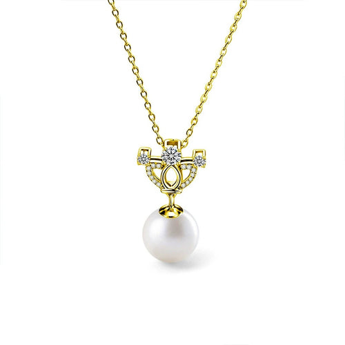 Crown Moissanite and Pearl Necklace with CZ in Gold-Plated S925 sterling silver white background front product view showing a crown-inspired setting above a near-round pearl
