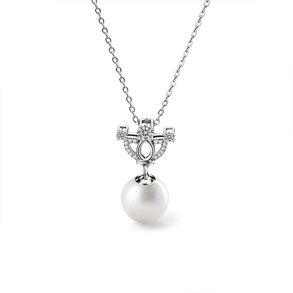 Crown Moissanite and Pearl Necklace with CZ in Gold-Plated S925 sterling silver alternate metal color white background product view showing a crown-inspired setting above a near-round pearl