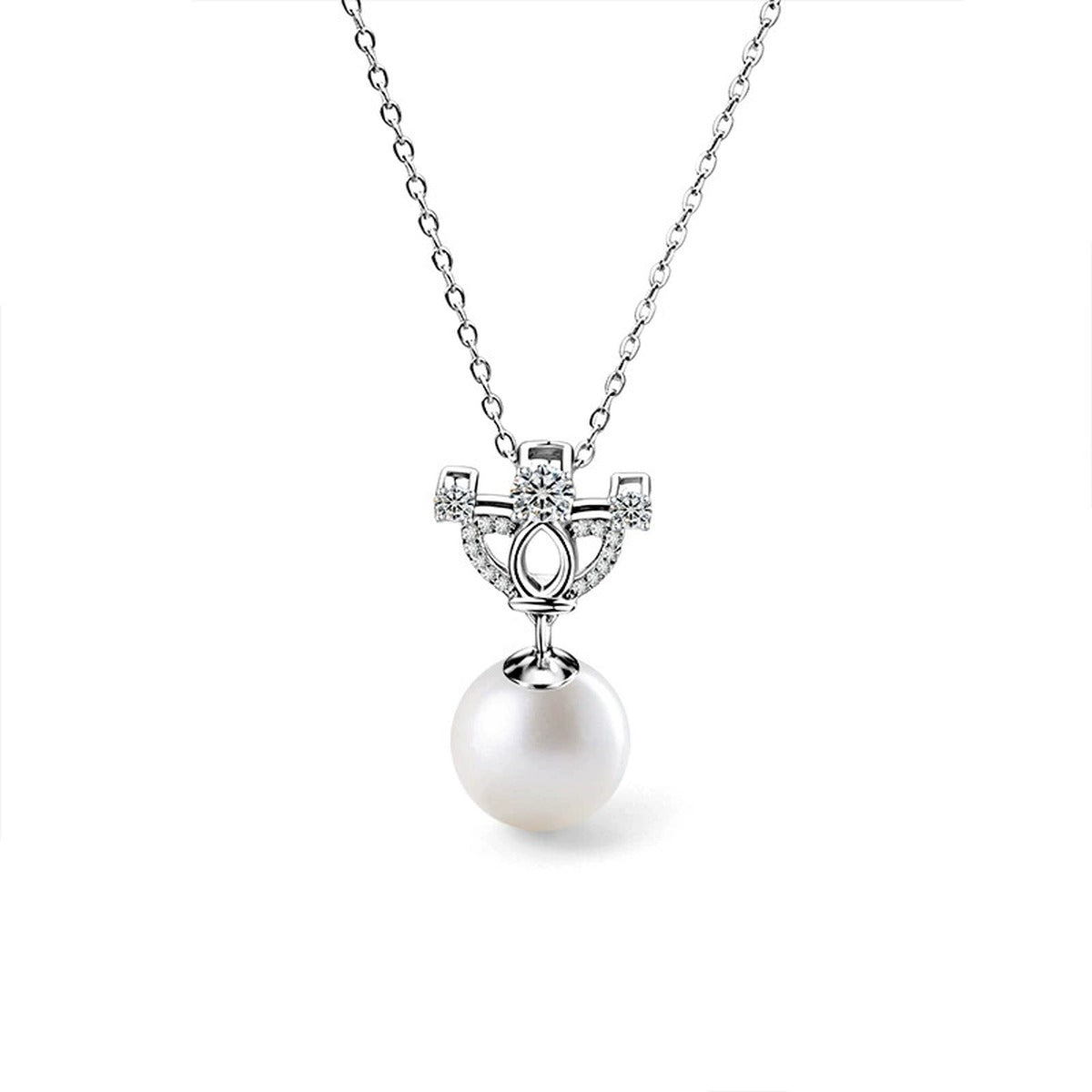 Crown Moissanite and Pearl Necklace with CZ in Gold-Plated S925 sterling silver alternate metal color white background product view showing a crown-inspired setting above a near-round pearl