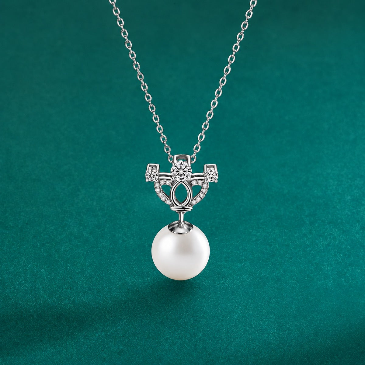 Crown Moissanite and Pearl Necklace with CZ in Gold-Plated S925 sterling silver close-up styled product scene showing pendant setting