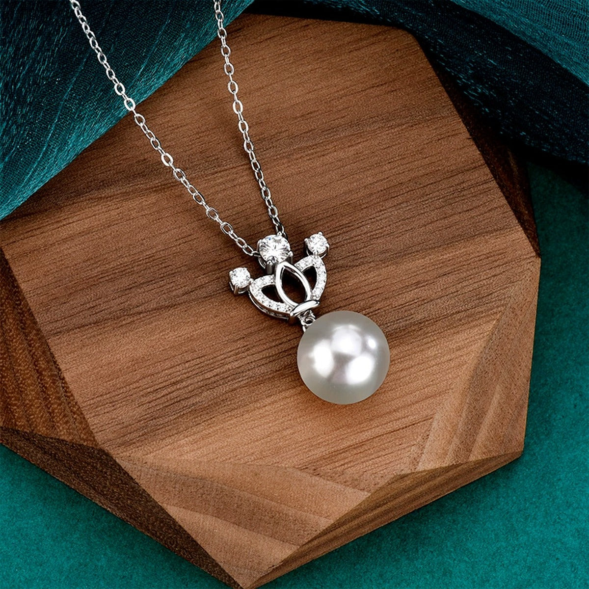 Crown Moissanite and Pearl Necklace with CZ in Gold-Plated S925 sterling silver angled product detail view