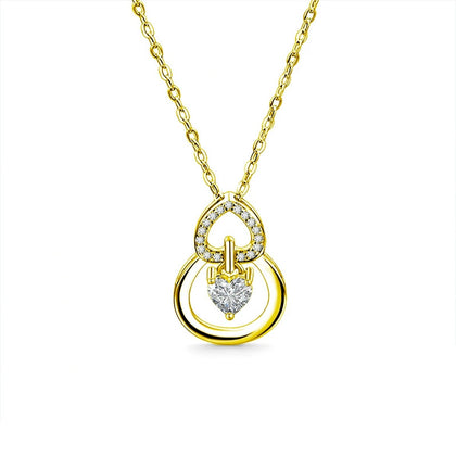 Gourd Heart Cut Moissanite Pendant Necklace with CZ in Gold-Plated S925 sterling silver white background front product view showing a double-gourd outline framing a heart-cut moissanite
