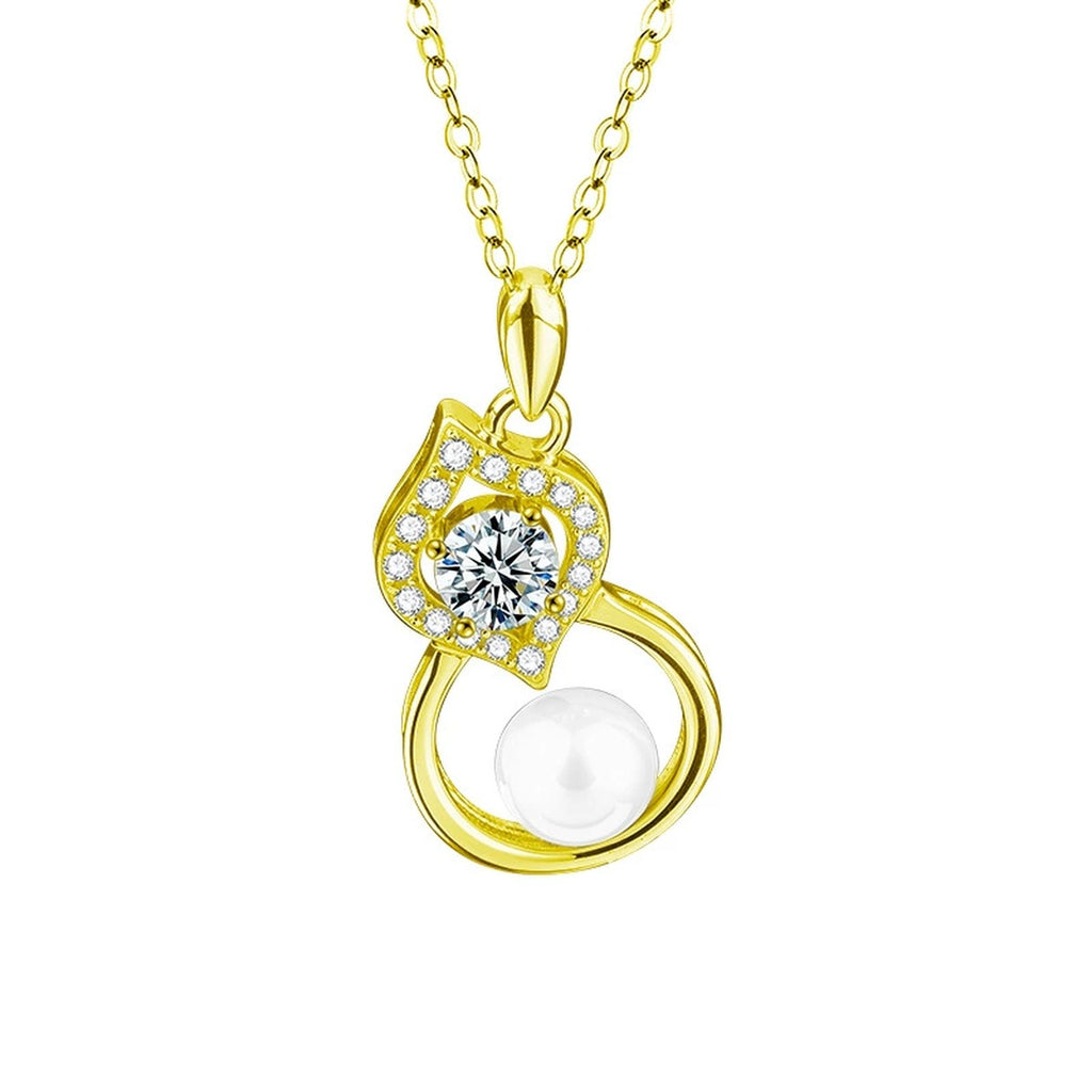 Pearl Gourd Round Moissanite Necklace with CZ in Gold-Plated S925 sterling silver white background product photo showing gourd pendant with a round moissanite, button pearl and CZ accents