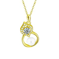 Pearl Gourd Round Moissanite Necklace with CZ in Gold-Plated S925 sterling silver white background product photo showing gourd pendant with a round moissanite, button pearl and CZ accents
