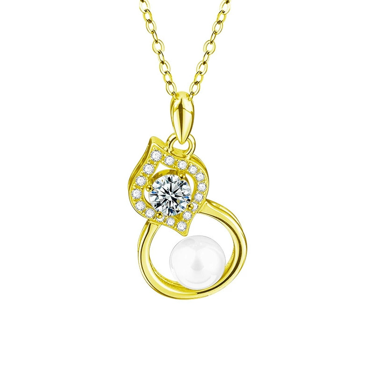 Pearl Gourd Round Moissanite Necklace with CZ in Gold-Plated S925 sterling silver white background product photo showing gourd pendant with a round moissanite, button pearl and CZ accents