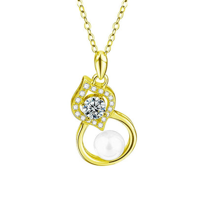 Pearl Gourd Round Moissanite Necklace with CZ in Gold-Plated S925 sterling silver white background product photo showing gourd pendant with a round moissanite, button pearl and CZ accents