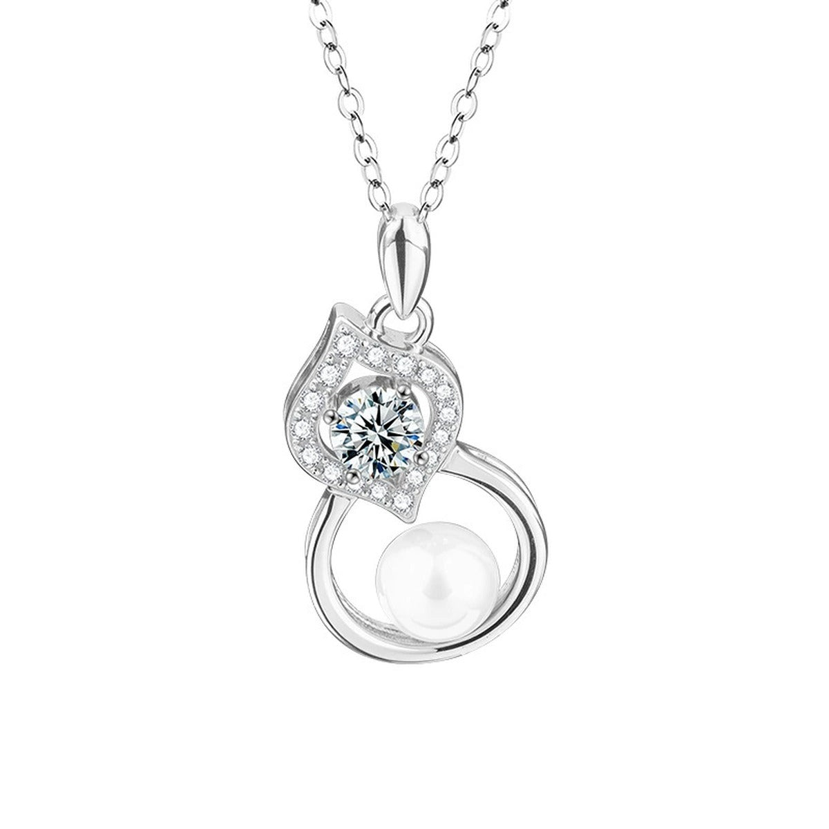 Pearl Gourd Round Moissanite Necklace with CZ in Gold-Plated S925 sterling silver white background product photo showing gourd pendant with a round moissanite, button pearl and CZ accents