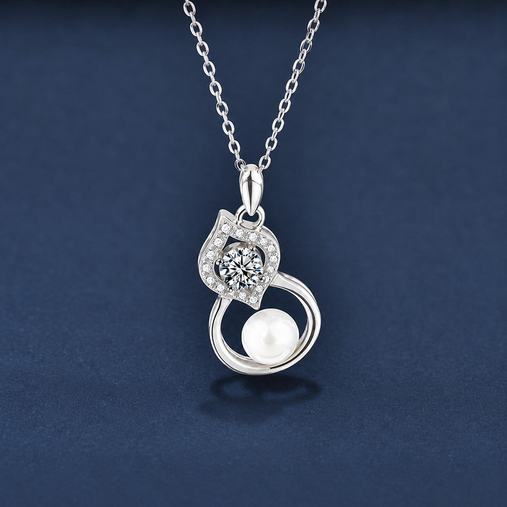Pearl Gourd Round Moissanite Necklace with CZ in Gold-Plated S925 sterling silver dark display product view showing pendant and chain