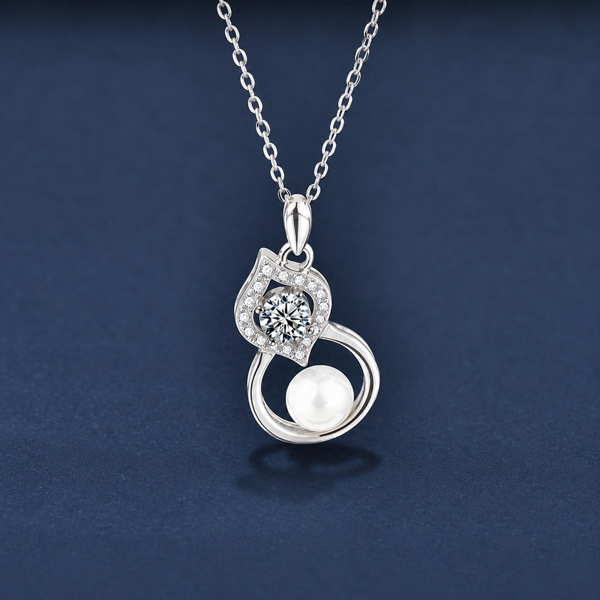 Pearl Gourd Round Moissanite Necklace with CZ in Gold-Plated S925 sterling silver dark display product view showing pendant and chain