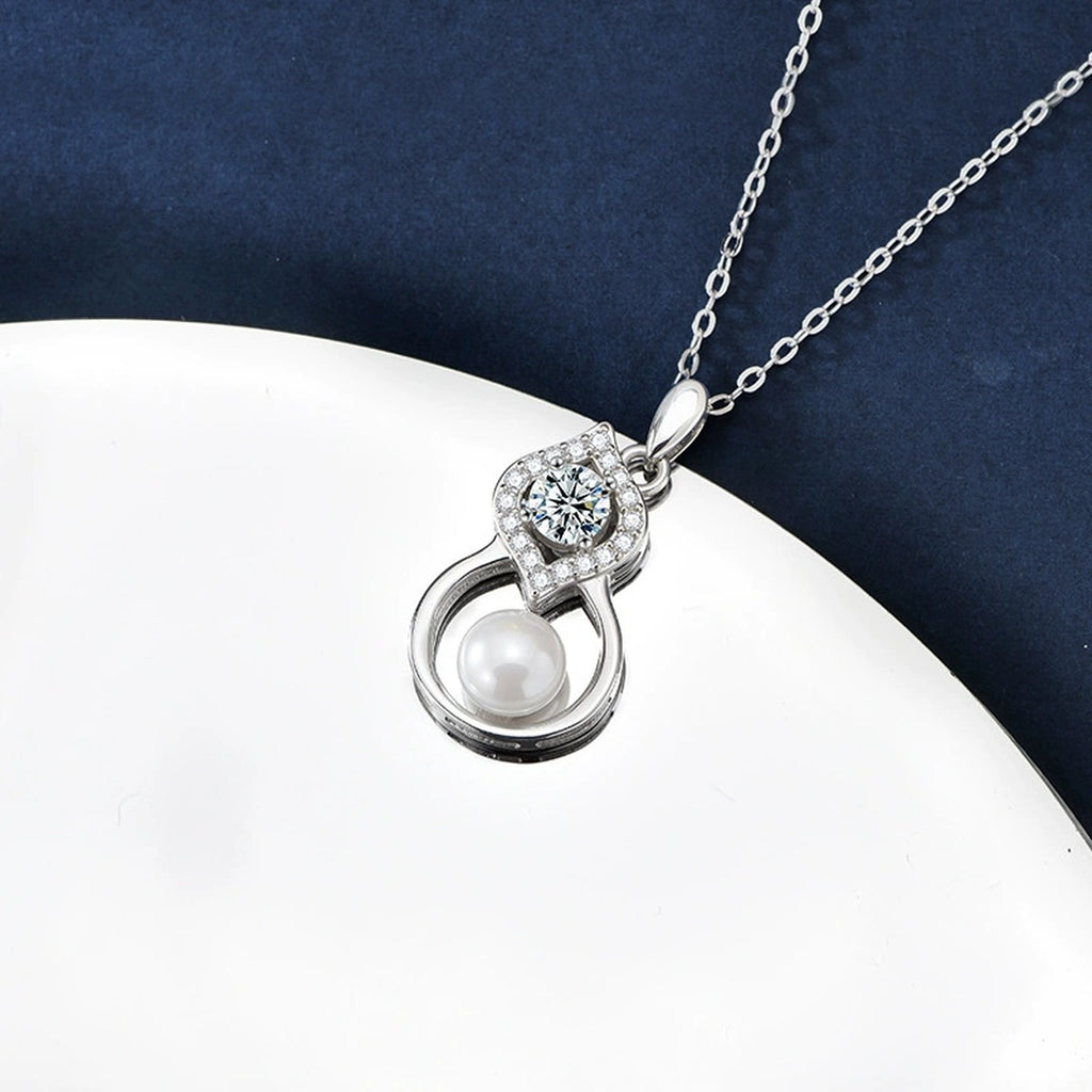 Pearl Gourd Round Moissanite Necklace with CZ in Gold-Plated S925 sterling silver close-up product scene showing stone setting