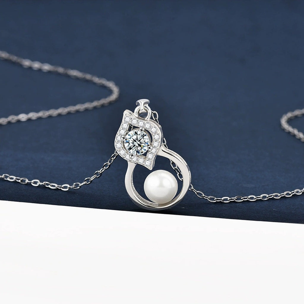 Pearl Gourd Round Moissanite Necklace with CZ in Gold-Plated S925 sterling silver angled necklace detail showing pendant profile