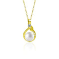 Bowknot Pearl Round Moissanite Necklace with CZ in Gold-Plated S925 sterling silver white background front product view showing bowknot-framed button pearl pendant with a round moissanite and CZ accents
