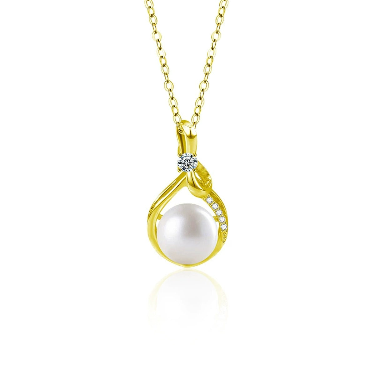 Bowknot Pearl Round Moissanite Necklace with CZ in Gold-Plated S925 sterling silver white background front product view showing bowknot-framed button pearl pendant with a round moissanite and CZ accents