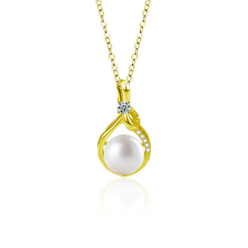 Bowknot Pearl Round Moissanite Necklace with CZ in Gold-Plated S925 sterling silver white background front product view showing bowknot-framed button pearl pendant with a round moissanite and CZ accents