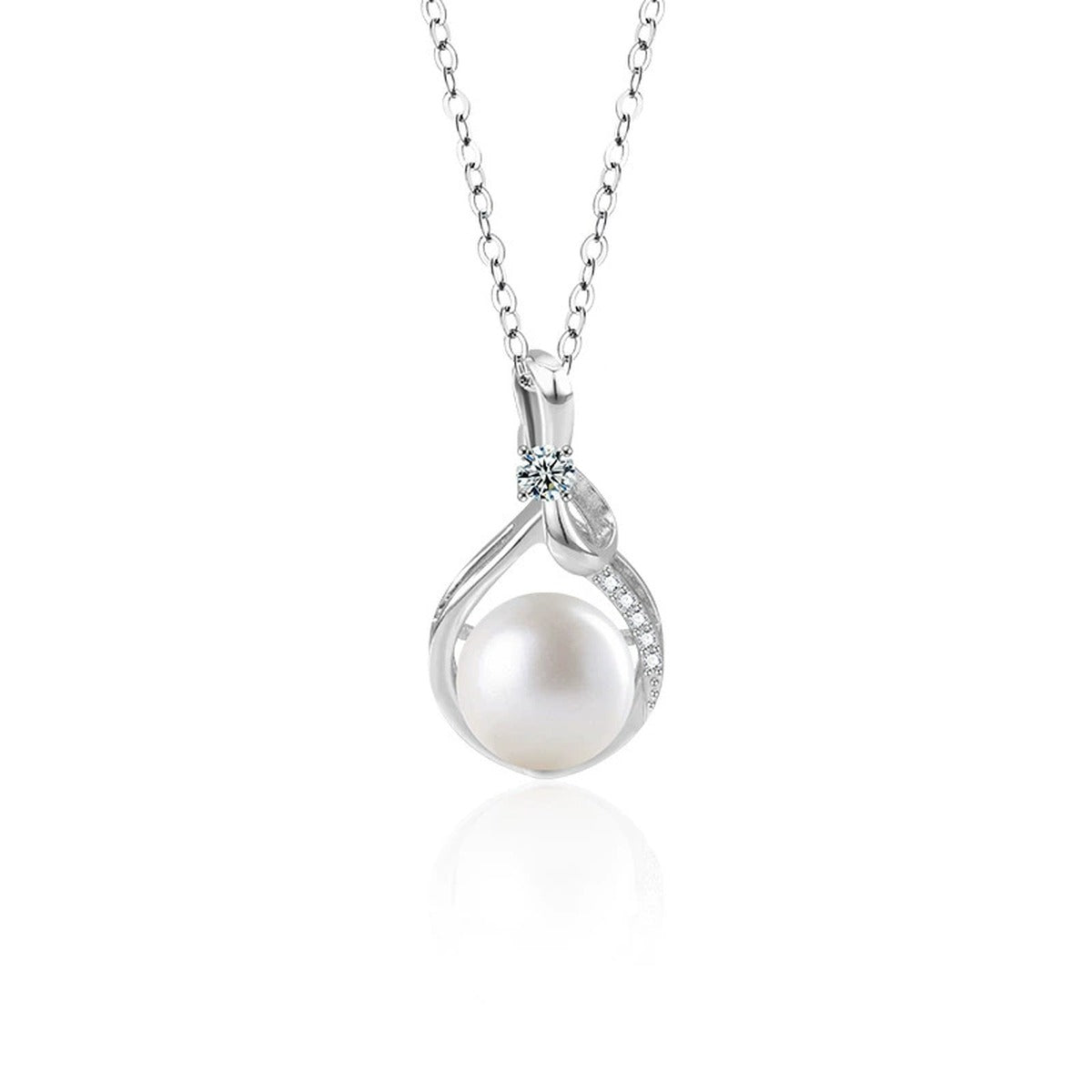 Bowknot Pearl Round Moissanite Necklace with CZ in Gold-Plated S925 sterling silver alternate metal color white background product view showing bowknot-framed button pearl pendant with a round moissanite and CZ accents