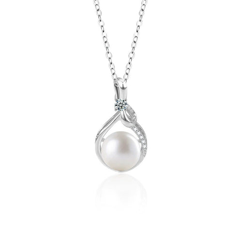 Bowknot Pearl Round Moissanite Necklace with CZ in Gold-Plated S925 sterling silver alternate metal color white background product view showing bowknot-framed button pearl pendant with a round moissanite and CZ accents