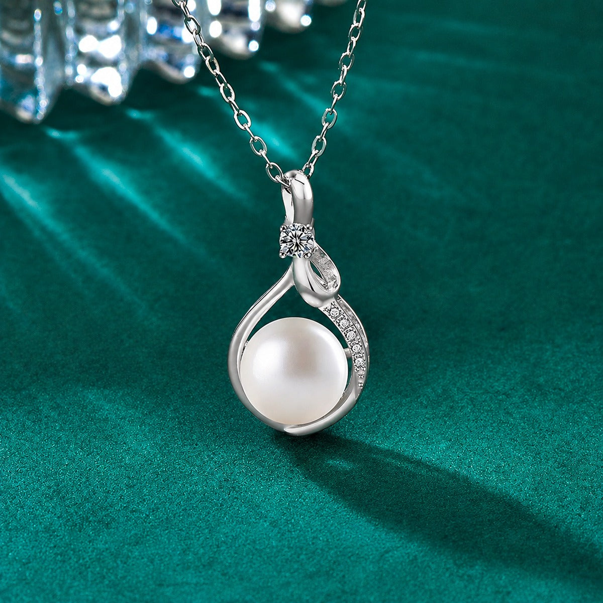 Bowknot Pearl Round Moissanite Necklace with CZ in Gold-Plated S925 sterling silver close-up styled product scene showing pendant setting