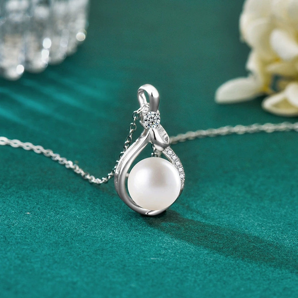 Bowknot Pearl Round Moissanite Necklace with CZ in Gold-Plated S925 sterling silver angled product detail view