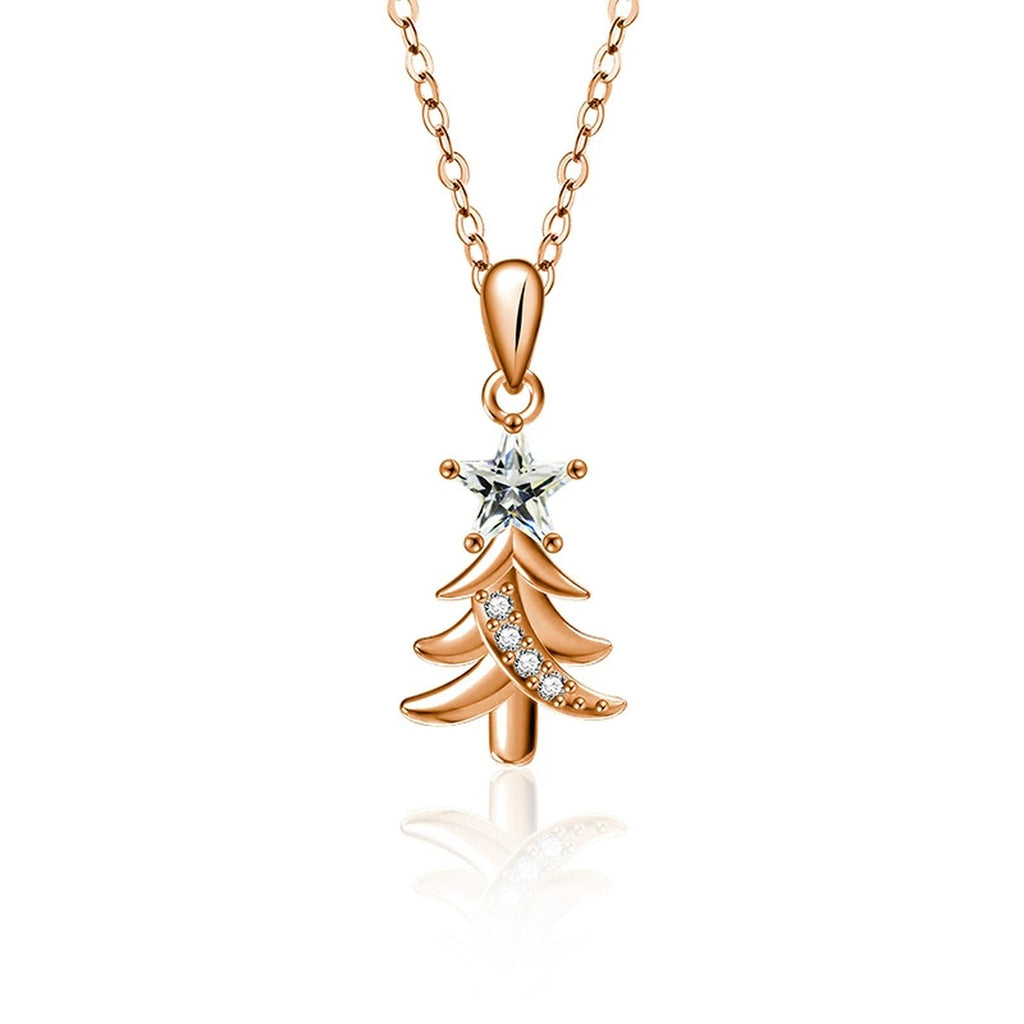 Christmas Tree Star Cut Moissanite Necklace with CZ in Gold-Plated S925 sterling silver white background front product view showing sculptural Christmas tree pendant crowned with a star-cut moissanite and CZ accents
