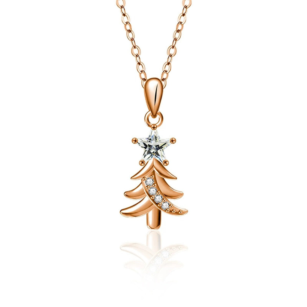 Christmas Tree Star Cut Moissanite Necklace with CZ in Gold-Plated S925 sterling silver white background front product view showing sculptural Christmas tree pendant crowned with a star-cut moissanite and CZ accents
