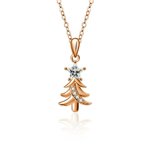 Christmas Tree Star Cut Moissanite Necklace with CZ in Gold-Plated S925 sterling silver white background front product view showing sculptural Christmas tree pendant crowned with a star-cut moissanite and CZ accents