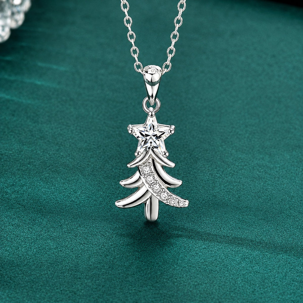 Christmas Tree Star Cut Moissanite Necklace with CZ in Gold-Plated S925 sterling silver close-up styled product scene showing pendant setting