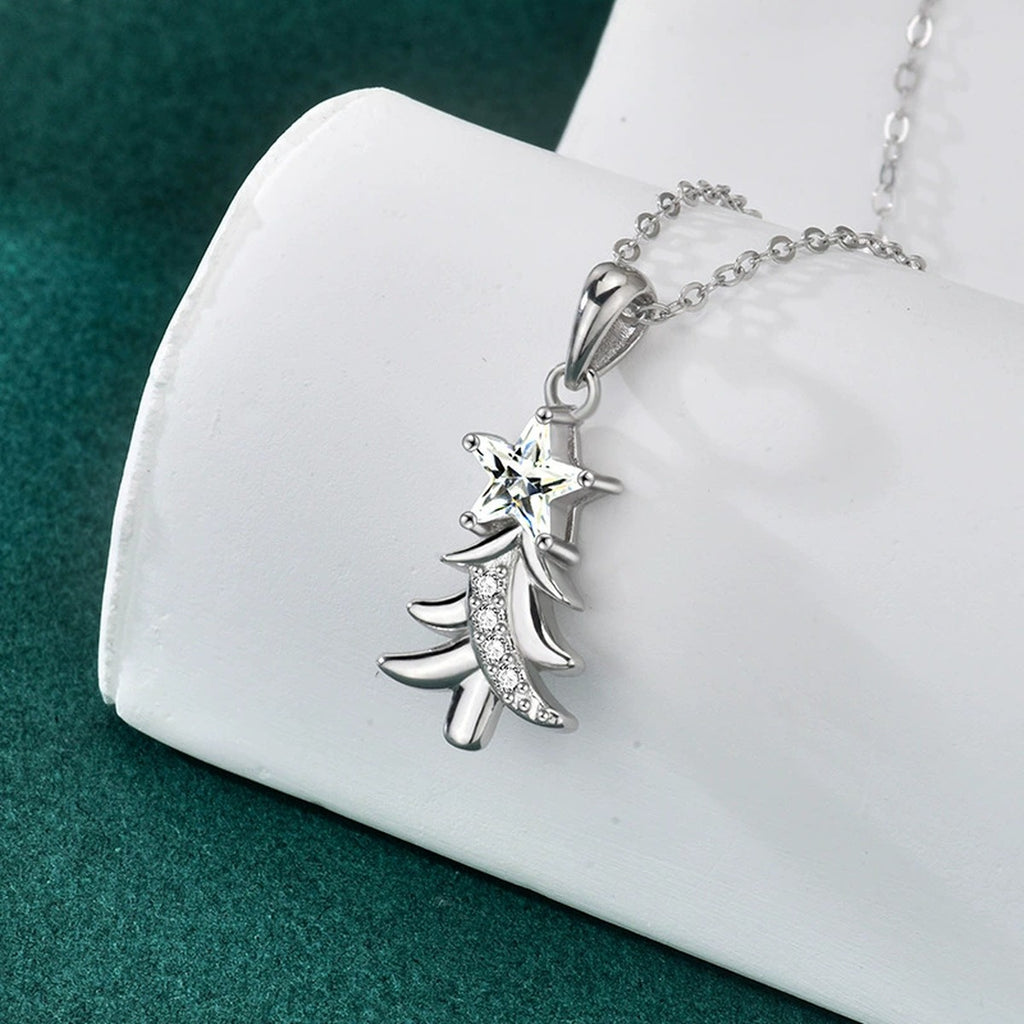 Christmas Tree Star Cut Moissanite Necklace with CZ in Gold-Plated S925 sterling silver display scene showing chain and stone layout