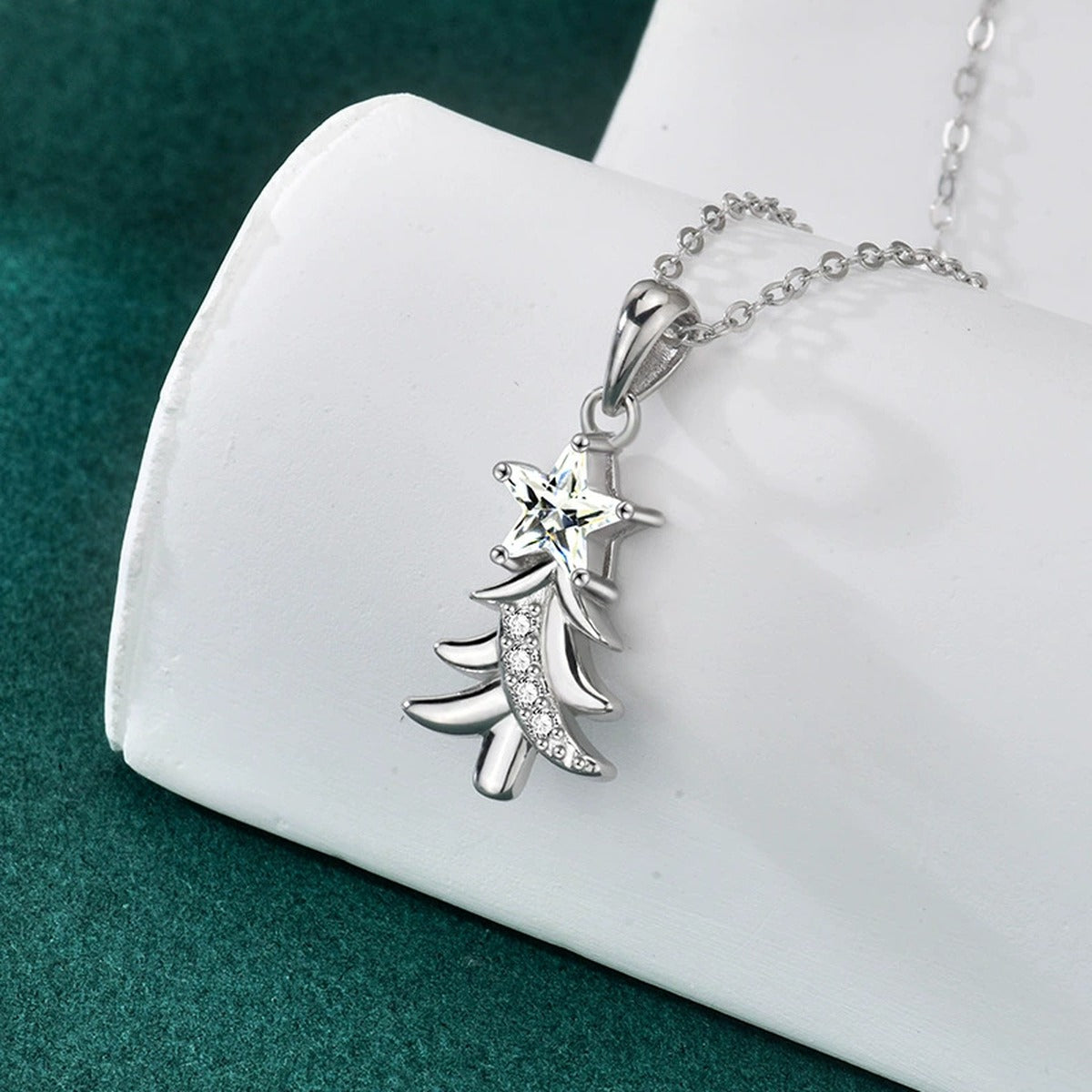Christmas Tree Star Cut Moissanite Necklace with CZ in Gold-Plated S925 sterling silver display scene showing chain and stone layout