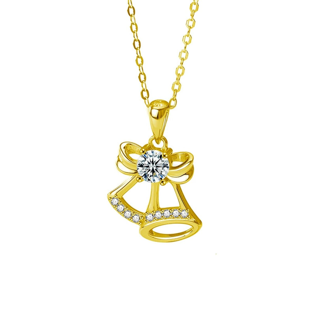 Christmas Bell Round Moissanite Necklace with CZ in Gold-Plated S925 sterling silver white background front product view showing ribbon-tied Christmas bell pendant with a round moissanite and CZ accents