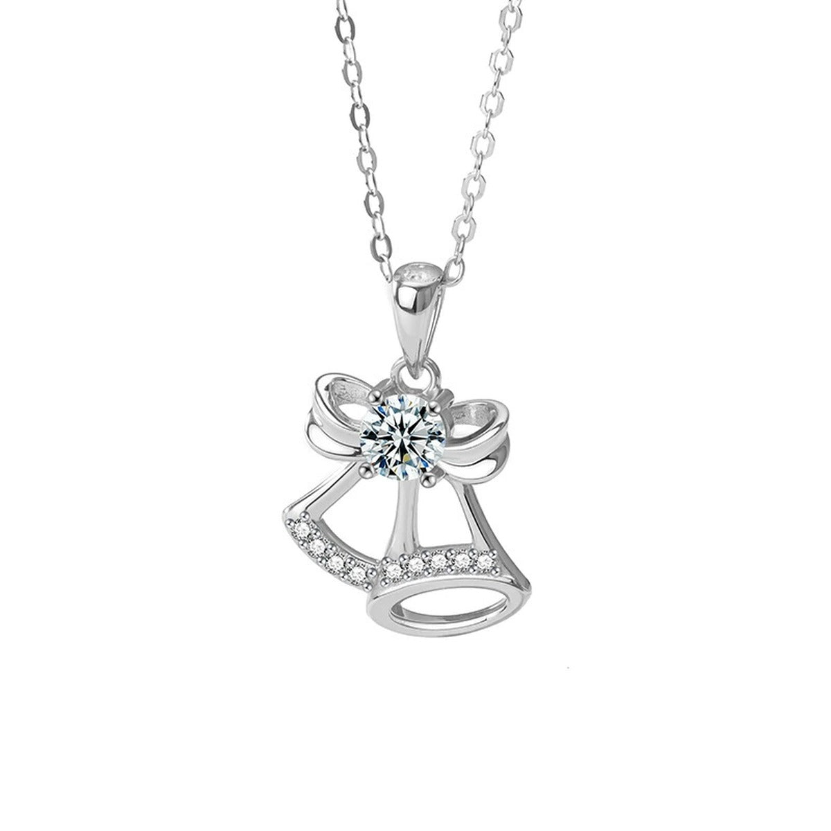 Christmas Bell Round Moissanite Necklace with CZ in Gold-Plated S925 sterling silver alternate metal color white background product view showing ribbon-tied Christmas bell pendant with a round moissanite and CZ accents