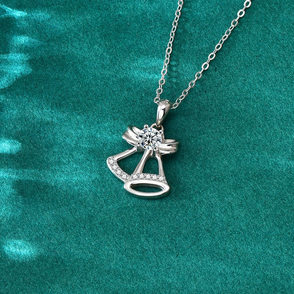 Christmas Bell Round Moissanite Necklace with CZ in Gold-Plated S925 sterling silver display scene showing chain and stone layout