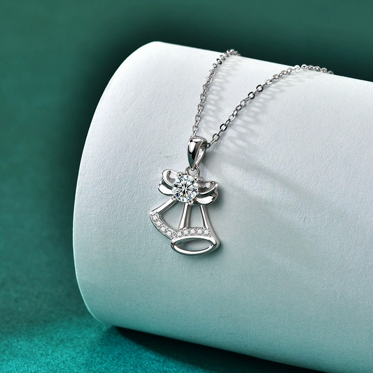 Christmas Bell Round Moissanite Necklace with CZ in Gold-Plated S925 sterling silver angled product detail view