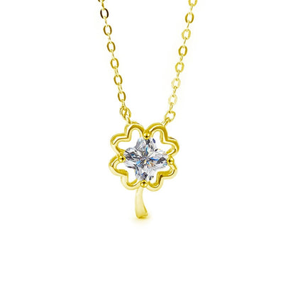 Four-Leaf Clover Cut Moissanite Necklace in Gold-Plated S925 sterling silver white background front product view showing layered four-leaf clover pendant centered with a custom clover-cut moissanite