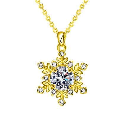 Snowflake Round Moissanite Pendant Necklace in Gold-Plated S925 sterling silver white background front product view showing a detailed snowflake centered by a round moissanite