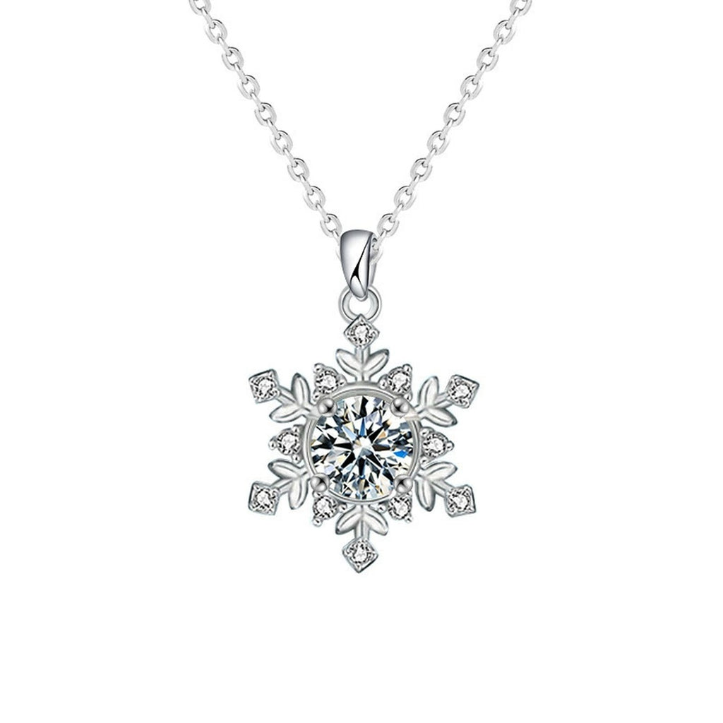 Snowflake Round Moissanite Pendant Necklace in Gold-Plated S925 sterling silver alternate metal color white background product view showing a detailed snowflake centered by a round moissanite