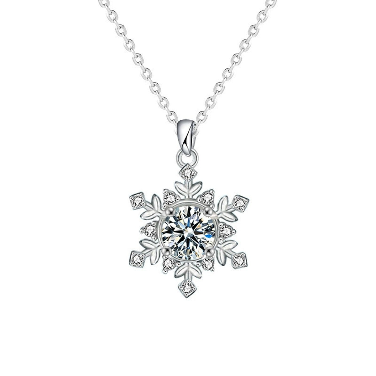 Snowflake Round Moissanite Pendant Necklace in Gold-Plated S925 sterling silver alternate metal color white background product view showing a detailed snowflake centered by a round moissanite
