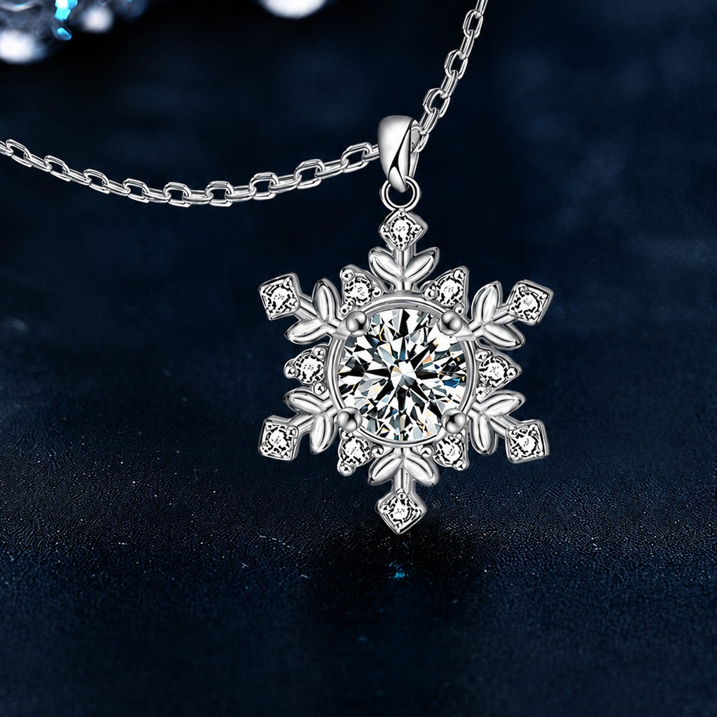 Snowflake Round Moissanite Pendant Necklace in Gold-Plated S925 sterling silver display scene showing chain and stone layout