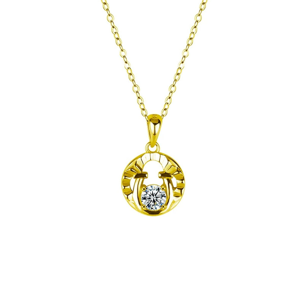 Horseshoe Round Moissanite Necklace in Gold-Plated S925 sterling silver white background front product view showing open horseshoe pendant centered with a round moissanite