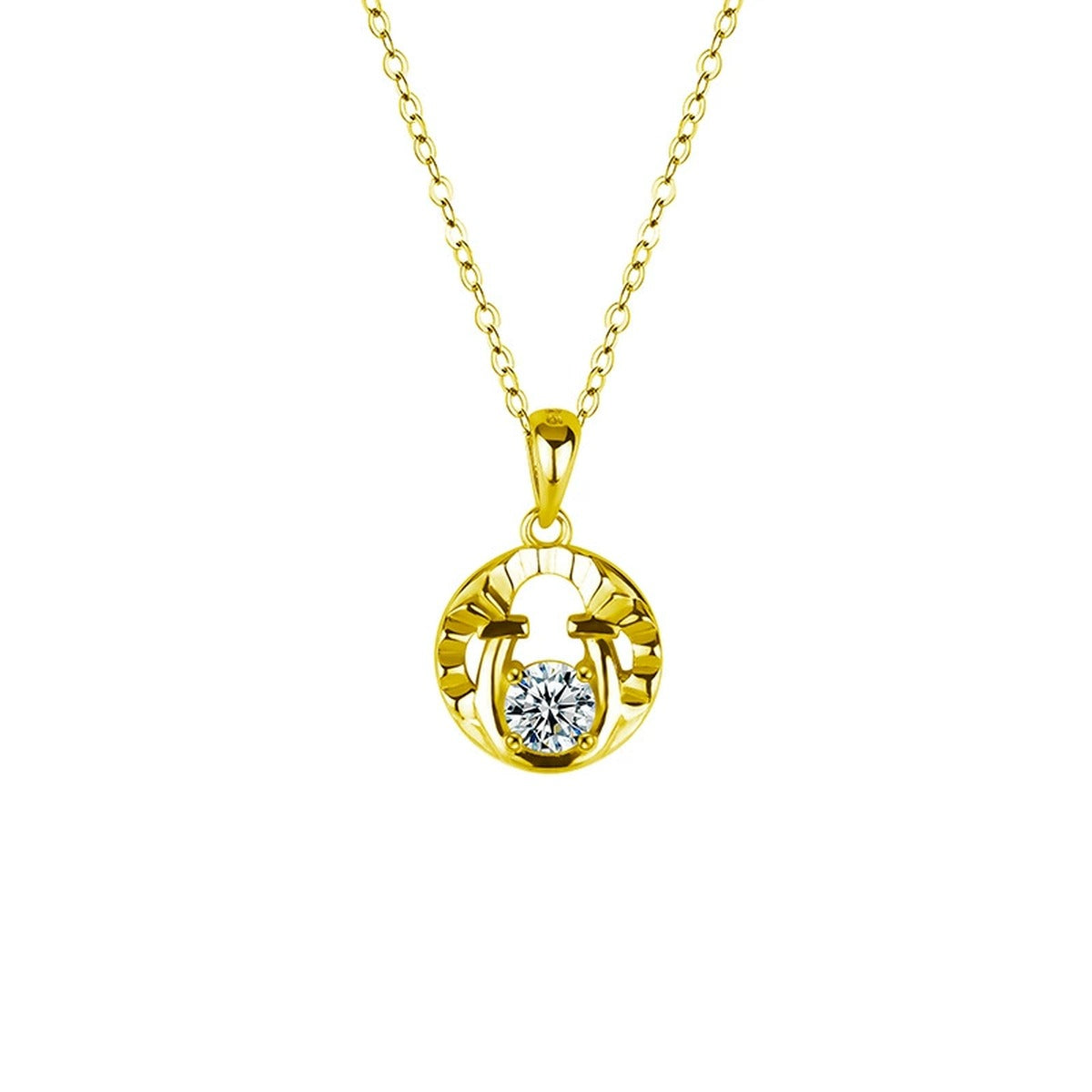 Horseshoe Round Moissanite Necklace in Gold-Plated S925 sterling silver white background front product view showing open horseshoe pendant centered with a round moissanite