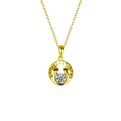 Horseshoe Round Moissanite Necklace in Gold-Plated S925 sterling silver white background front product view showing open horseshoe pendant centered with a round moissanite