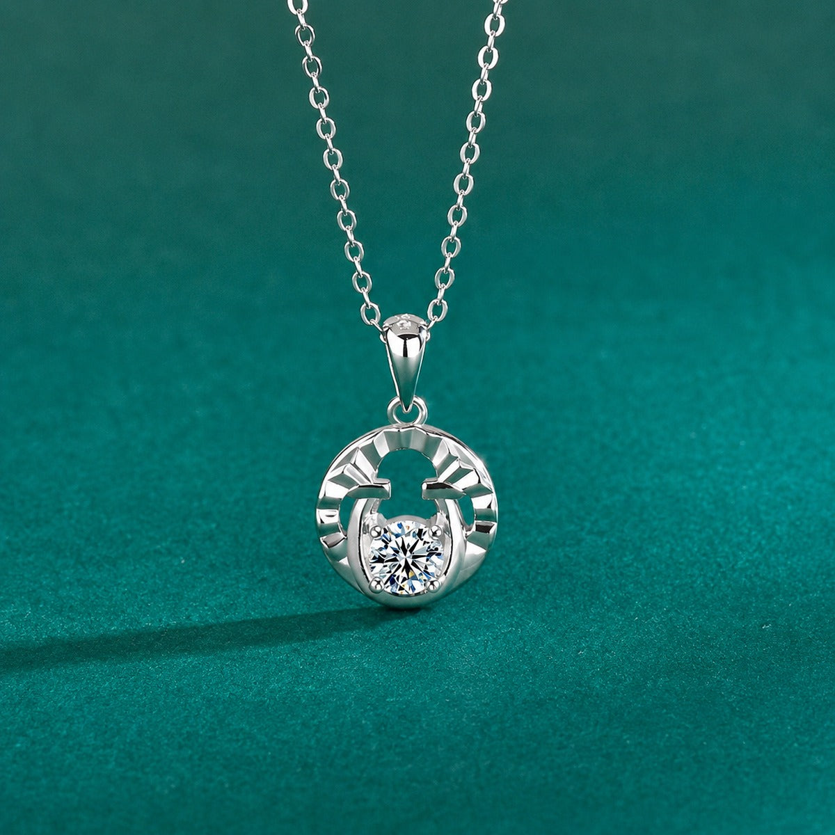 Horseshoe Round Moissanite Necklace in Gold-Plated S925 sterling silver close-up styled product scene showing pendant setting