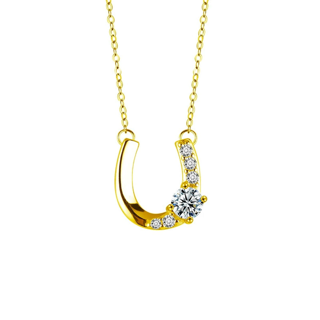 Horseshoe Round Moissanite Necklace with CZ in Gold-Plated S925 sterling silver white background front product view showing asymmetrical horseshoe pendant swept with CZ around a round moissanite