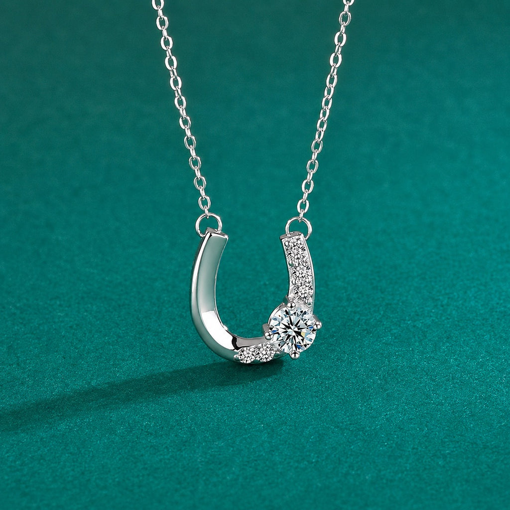 Horseshoe Round Moissanite Necklace with CZ in Gold-Plated S925 sterling silver close-up styled product scene showing pendant setting